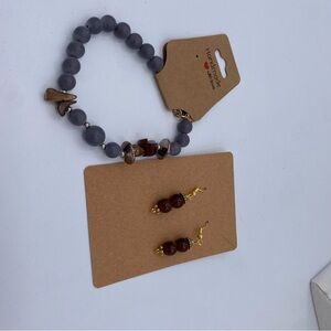 Upcycled Gray and Brown Beaded Bracelet and Earring Set